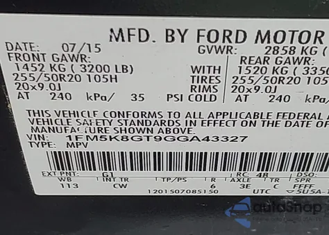 2016 Ford Explorer Sport from USA, damaged, VIN 1FM5K8GT9GGA43327